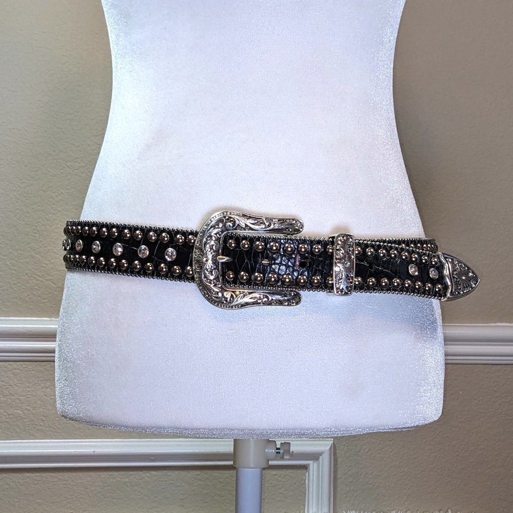 Black Leather Western Belt with Rhinestone Studded Accents by Nocona